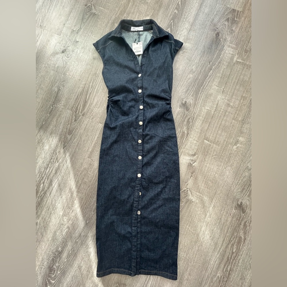 ZARA Fitted Midi ShirtDress Denim Size XS NWT